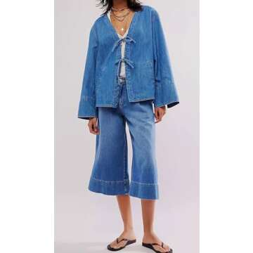 loveimgs Women Y2k Oversized Denim Tie Top Jean Jacket Open Front Shirt Long Sleeve Jean Shacket Cro...