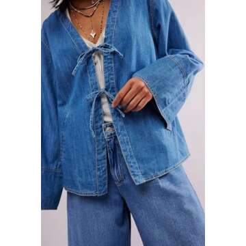 loveimgs Women Y2k Oversized Denim Tie Top Jean Jacket Open Front Shirt Long Sleeve Jean Shacket Crop Top (Large, Blue)