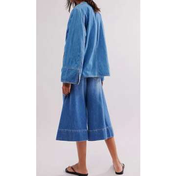 loveimgs Women Y2k Oversized Denim Tie Top Jean Jacket Open Front Shirt Long Sleeve Jean Shacket Crop Top (Large, Blue)