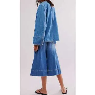 loveimgs Women Y2k Oversized Denim Tie Top Jean Jacket Open Front Shirt Long Sleeve Jean Shacket Crop Top (Large, Blue)