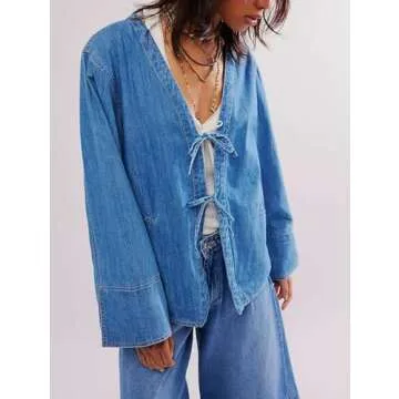 loveimgs Women Y2k Oversized Denim Tie Top Jean Jacket Open Front Shirt Long Sleeve Jean Shacket Crop Top (Large, Blue)