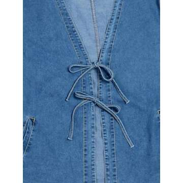 loveimgs Women Y2k Oversized Denim Tie Top Jean Jacket Open Front Shirt Long Sleeve Jean Shacket Crop Top (Large, Blue)