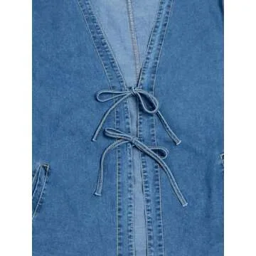 loveimgs Women Y2k Oversized Denim Tie Top Jean Jacket Open Front Shirt Long Sleeve Jean Shacket Crop Top (Large, Blue)