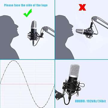 UHURU USB Recording Microphone Condenser Cardioid Microphone Kit with 192kHZ/24bit, Boom Arm, Shock Mount, Pop Filter and Windscreen, for Broadcasting, Recording, YouTube