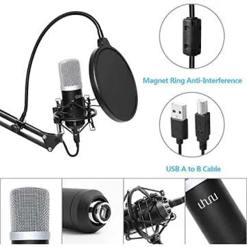UHURU USB Recording Microphone Condenser Cardioid Microphone Kit with 192kHZ/24bit, Boom Arm, Shock Mount, Pop Filter and Windscreen, for Broadcasting, Recording, YouTube