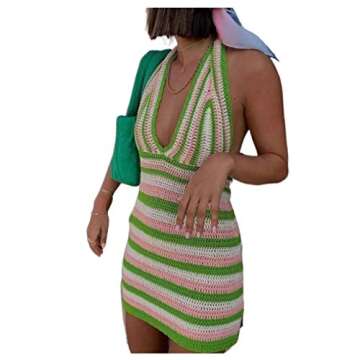 Women Boho Halter Neck Bodycon Knitted Dress Crisscross Backless Bodycon Ruched Mini Dress Y2K Beach Dress(White Green，Medium