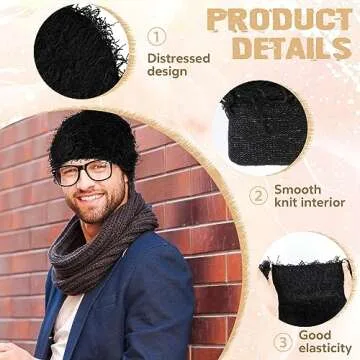 Panitay 2 Pcs Beanie Distressed Balaclava Knitted Beanie Distressed Caps Men Women Warm Winter Outdoor Hat Beanie (Black and Beige)