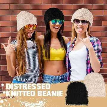 Panitay 2 Pcs Beanie Distressed Balaclava Knitted Beanie Distressed Caps Men Women Warm Winter Outdoor Hat Beanie (Black and Beige)