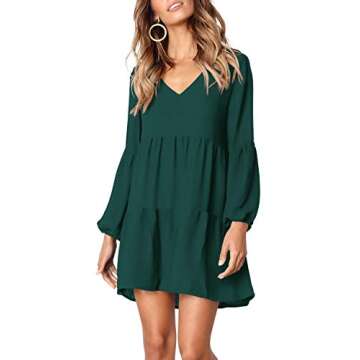 Amoretu Womens Long Sleeve Tunic Dress V Neck Swing Shift Dresses, Spring, Summer, 2025 (Green, S)