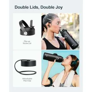 BUZIO 40oz Insulated Water Bottle, Triple Wall Vacuum Stainless Steel Water Flask with 2 lids, Lead-Free BPA-Free Straw Lid Sports Canteen Jug, Cold 48H & Hot 24H- Black