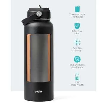 BUZIO 40oz Insulated Water Bottle, Triple Wall Vacuum Stainless Steel Water Flask with 2 lids, Lead-Free BPA-Free Straw Lid Sports Canteen Jug, Cold 48H & Hot 24H- Black