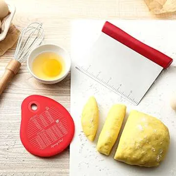 Spring Chef Red Bench Scraper - Stainless Steel Dough Cutter Tool with Bowl Pastry Scraper for Pizza, Bread, Pastry, Pie - Dough Knife - Kitchen Dough Scraper for Baking - Food Scraper with Markings