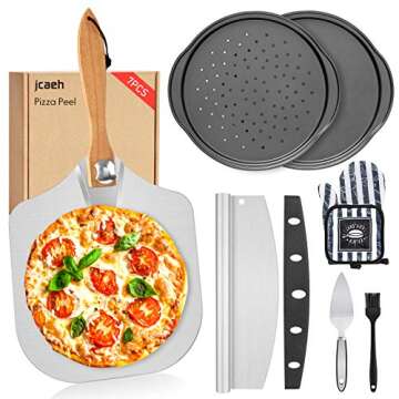 Foldable Pizza Peel Pizza Pan Set, 7Pcs 12" x 14" Aluminum Metal Pizza Paddle with Wooden Handle, Ro...