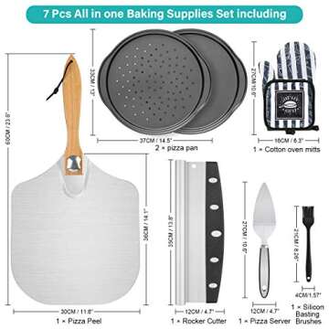 Foldable Pizza Peel Pizza Pan Set, 7Pcs 12" x 14" Aluminum Metal Pizza Paddle with Wooden Handle, Rocker Cutter, Server Set, Baking Oven Mitts, Oil Brushes, Homemade Pizza Oven Accessories
