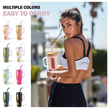 Kodrine 40 oz Borosilicate Glass Tumbler with Handle, Pink, Dishwasher Safe, Includes Lid, Straws, Time Marker Silicone Sleeve, Fits Car Cup Holder