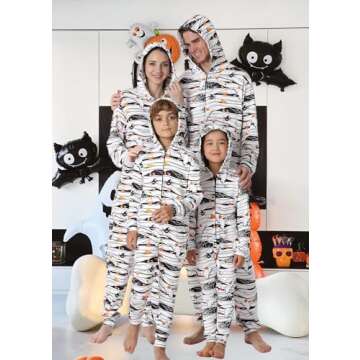 YEAXLUD Family Matching Halloween Pajamas Adult Onesie Mummy Costumes Woman Kids Couples Men Pjs Women's Novelty One-piece Spooky Halloween Spider Pumpkin Sugar Pajamas(Mummy Women-L)
