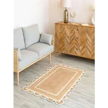 Shree Exports Hand Woven Farmhouse Jute Area Scalloped Rug (White, 2x3 Feet)