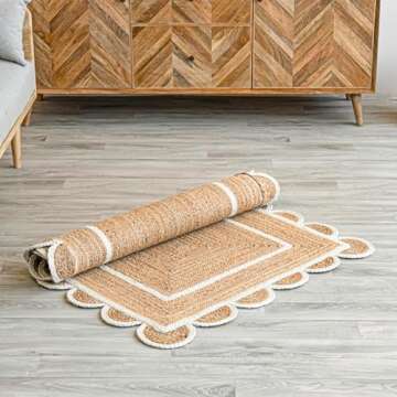 Shree Exports Hand Woven Farmhouse Jute Area Scalloped Rug (White, 2x3 Feet)