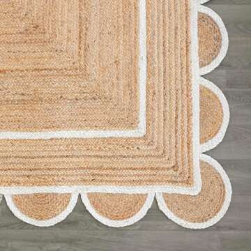 Shree Exports Hand Woven Farmhouse Jute Area Scalloped Rug (White, 2x3 Feet)