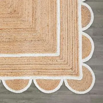 Shree Exports Hand Woven Farmhouse Jute Area Scalloped Rug (White, 2x3 Feet)