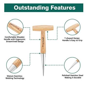 Berry&Bird Hand Dibber, Stainless Steel Sow Dibbler with Wood Handle, Garden Hole Punch Dibbler Tool for Planting Seeds & Bulbs, Hand Held Bulb Planter for Planting Flowers Tulips, Daffodils, Dahlias