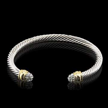 Ofashion Two Tone Cable Bangle Antique Cuff Bracelet with Zircon Inlaid Ends