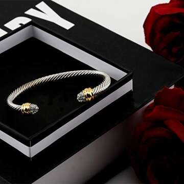 Ofashion Two Tone Cable Bangle Antique Cuff Bracelet with Zircon Inlaid Ends