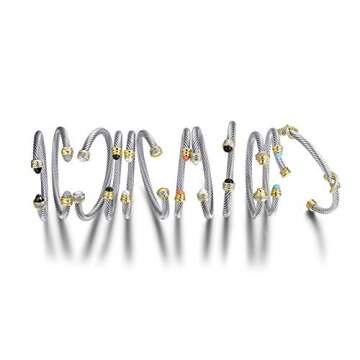 Ofashion Two Tone Cable Bangle Antique Cuff Bracelet with Zircon Inlaid Ends