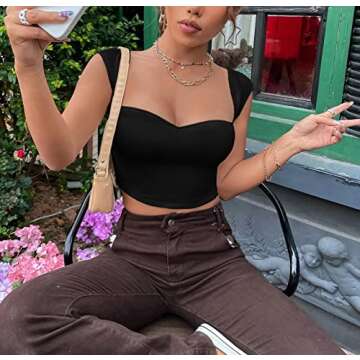 MISSACTIVER Womens Sexy Sweetheart Neck Short Sleeve Crop Top Basic Ribbed Knit Skinny Workout Cropped Tee Shirt Tank Vest Black