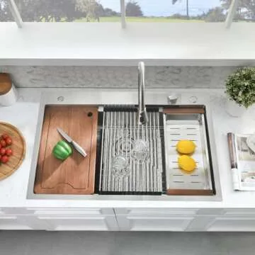 SOMRXO 33 × 22 Drop In Sink with Faucet Combo - 16 Gauge Stainless Steel Waterfall Sink,10 Inch Deep Single Bowl Workstation Kitchen Sinks with Accessories, Modern Design for Home Kitchens