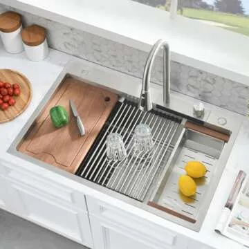 SOMRXO 33 × 22 Drop In Sink with Faucet Combo - 16 Gauge Stainless Steel Waterfall Sink,10 Inch Deep Single Bowl Workstation Kitchen Sinks with Accessories, Modern Design for Home Kitchens