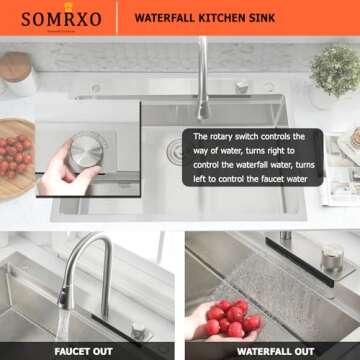SOMRXO 33 × 22 Drop In Sink with Faucet Combo - 16 Gauge Stainless Steel Waterfall Sink,10 Inch Deep Single Bowl Workstation Kitchen Sinks with Accessories, Modern Design for Home Kitchens