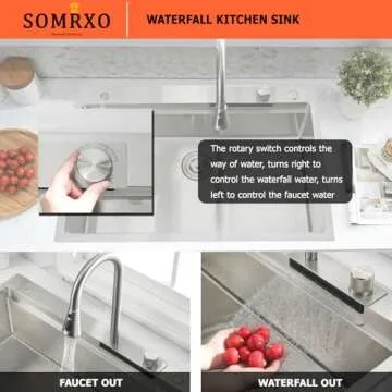 SOMRXO 33 × 22 Drop In Sink with Faucet Combo - 16 Gauge Stainless Steel Waterfall Sink,10 Inch Deep Single Bowl Workstation Kitchen Sinks with Accessories, Modern Design for Home Kitchens