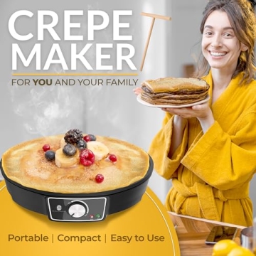 Crepe Maker Machine (Easy to Use), Pancake Griddle – Nonstick 12” Electric Griddle – Pancake Maker, Batter Spreader, Wooden Spatula – Crepe Pan for Crepes Roti, Tortilla, Blintzes – Portable, Compact