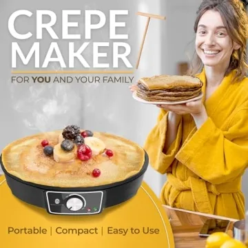 Crepe Maker Machine (Easy to Use), Pancake Griddle – Nonstick 12” Electric Griddle – Pancake Maker, Batter Spreader, Wooden Spatula – Crepe Pan for Crepes Roti, Tortilla, Blintzes – Portable, Compact
