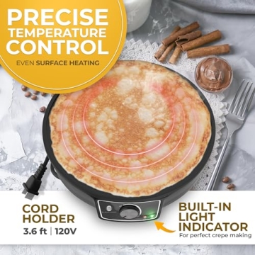 Crepe Maker Machine (Easy to Use), Pancake Griddle – Nonstick 12” Electric Griddle – Pancake Maker, Batter Spreader, Wooden Spatula – Crepe Pan for Crepes Roti, Tortilla, Blintzes – Portable, Compact