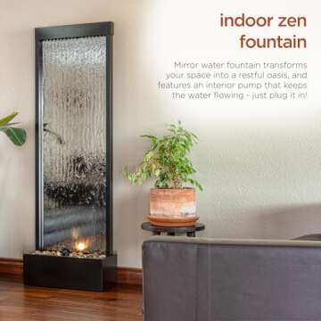 Alpine Corporation Mirror Waterfall Fountain with Stones and Lights - Zen Indoor/Outdoor Decor for Office, Living Room, Patio, Entryway - 72 Inches