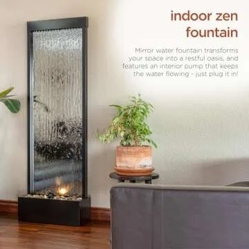 Alpine Corporation Mirror Waterfall Fountain with Stones and Lights - Zen Indoor/Outdoor Decor for Office, Living Room, Patio, Entryway - 72 Inches