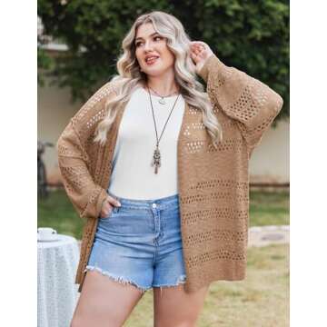 IN'VOLAND Women's Plus Crochet Cardigan Kimono Boho Long Sleeve Lightweight Soft Oversized Open Fron...