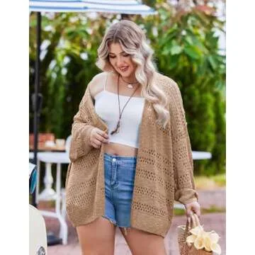 IN'VOLAND Women's Plus Crochet Cardigan Kimono Boho Long Sleeve Lightweight Soft Oversized Open Front Knitted Sweater 18W Brown