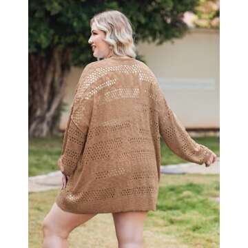 IN'VOLAND Women's Plus Crochet Cardigan Kimono Boho Long Sleeve Lightweight Soft Oversized Open Front Knitted Sweater 18W Brown