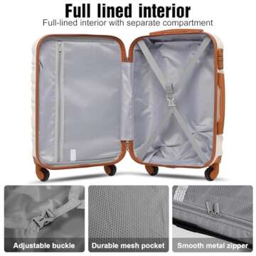LONG VACATION Luggage Sets 20 IN Carry on Suitcase ABS Handshell Luggage 3 Piece Set with TSA Lock Spinner Wheels (WHITE-BROWN, 20-Inch)