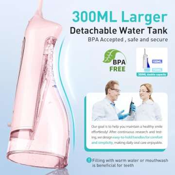 COSLUS Water Dental Flosser Teeth Pick: Portable Cordless Oral Irrigator 300ML Rechargeable Travel Irrigation Cleaner IPX7 Waterproof Electric Flossing Machine for Teeth Cleaning C20(F5020E) Pink