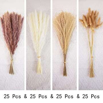 Total 100 Pcs, 17" Set | Natural Dried Pampas Grass, 25 Pcs Brown Pampas Grass & 25 Pcs White Pampas Grass & 25 Pcs Reed Grass & 25 Pcs Rabbit Tail Grass, Dried Flower Arrangement for Home Decor