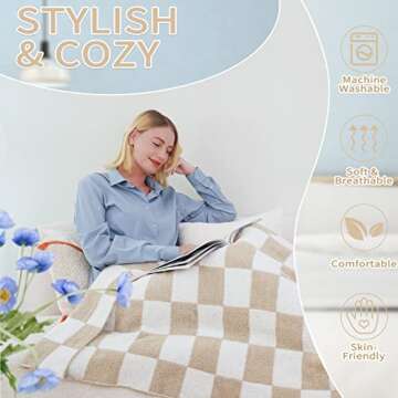 QQP Checkered Throw Blanket,Soft Cozy Microfiber Reversible Checkerboard Fluffy Throw Blanket,60X70In Blanket for Home Bed Couch.（Camel&White）