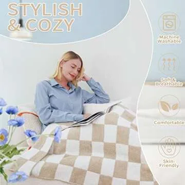 QQP Checkered Throw Blanket,Soft Cozy Microfiber Reversible Checkerboard Fluffy Throw Blanket,60X70In Blanket for Home Bed Couch.（Camel&White）