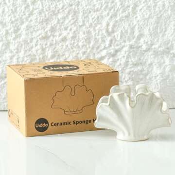 Uiddo Ceramic Sponge Holder,Sponge Holder for Kitchen Sink,Compact Sink Caddy Organizer-Scouring Pad and Dish Sponge Holder,Farmhouse Kitchen Decor Cute Kitchen Gadgets Accessories(White)