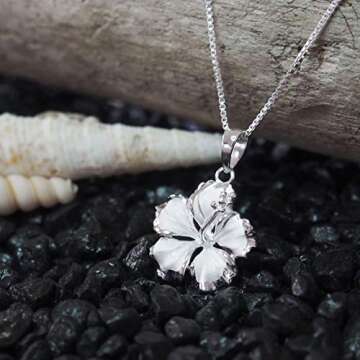 Hawaiian Silver Jewelry Hibiscus Pendant Necklace – 16 plus 2-inch Sterling Silver Chain Necklace with Hibiscus Flower Pendant – Italian Made Silver Chain – Sophisticated Silver Flower Pendant