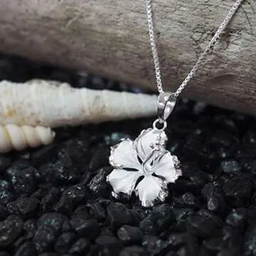 Hawaiian Silver Jewelry Hibiscus Pendant Necklace – 16 plus 2-inch Sterling Silver Chain Necklace with Hibiscus Flower Pendant – Italian Made Silver Chain – Sophisticated Silver Flower Pendant