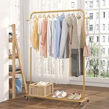 Sywhitta Clothes Rack on wheels, Clothing Rack with Bottom Mesh Storage Shelf,Sturdy Metal Frame,Rolling Garment Rack for Hanging Clothes,Coats,Skirts,39.76" L x 16" W x 64.56" H,Golden